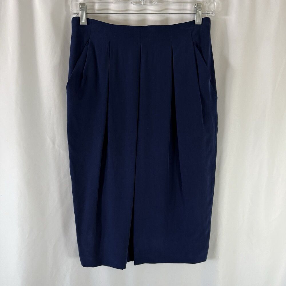Dana Buchman 100% Silk Skirt Women's 8 Blue Pleated Zip Back Pockets Soft